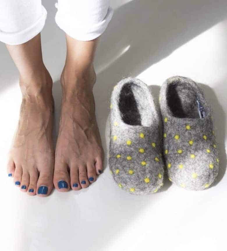grey wool felted dotty felt slippers handmade using natural wool, soap and water and available to buy on Etsy UK #felt #felted #slippers #grey #dotty