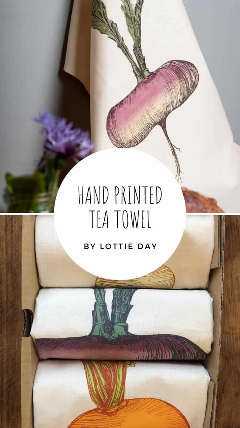 hand printed vegetable allotment tea towel made in britain by lottie day