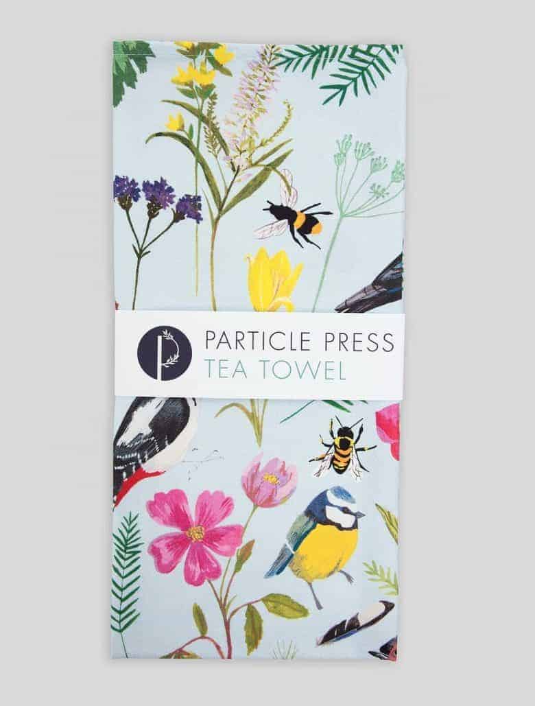 garden flowers and birds tea towel made in britain by particle press from an original botanical drawing design #teatowel #madeinbritain #flowers #garden #birds