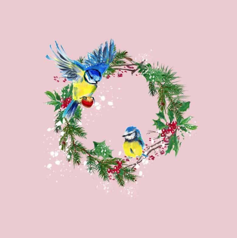 Blue tits christmas wreath card by