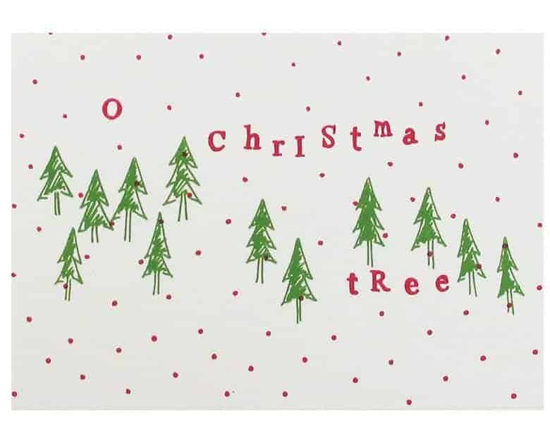 christmas card hand printed by teresa green christmas trees and snow #handmade #christmas #card #handprinted