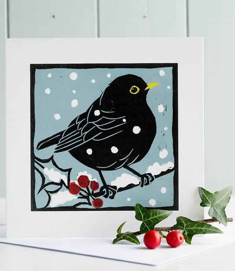 handmade christmas card blackbird snow linocut print #handmade #christmascards #blackbird #linocut