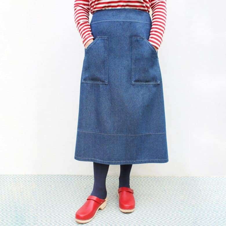 love this martha denim skirt sewing pattern with patch pockets and option to sew in contrasting band fabrics with split at the back available to buy on etsy by Sewgirl UK #sewingpattern #skirt