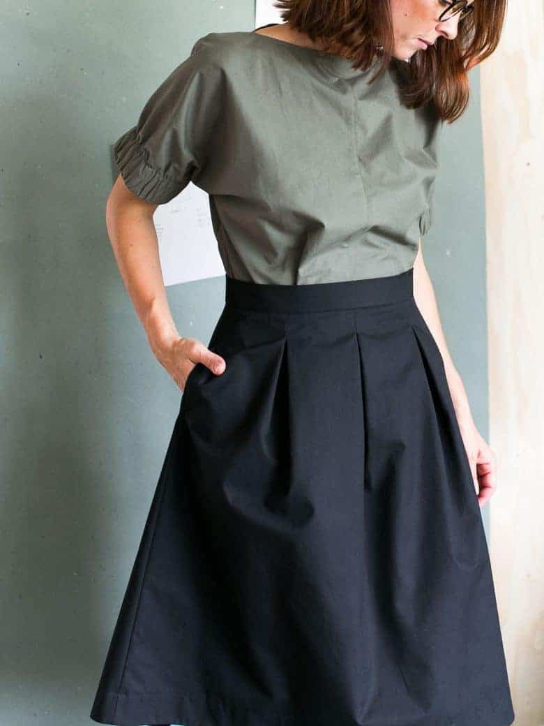 three pleat skirt sewing pattern by the assembly line. Click through to find out where to get this pattern as well as other great skirt sewing ideas and simple step by step DIY tutorial to making a basic skirt in minutes. #sewing #patterns #skirt #diy #tutorials #frombritainwithlove