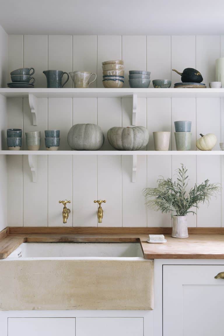love this modern rustic open kitchen shelving with ceramics and wooden worktop with butler sink