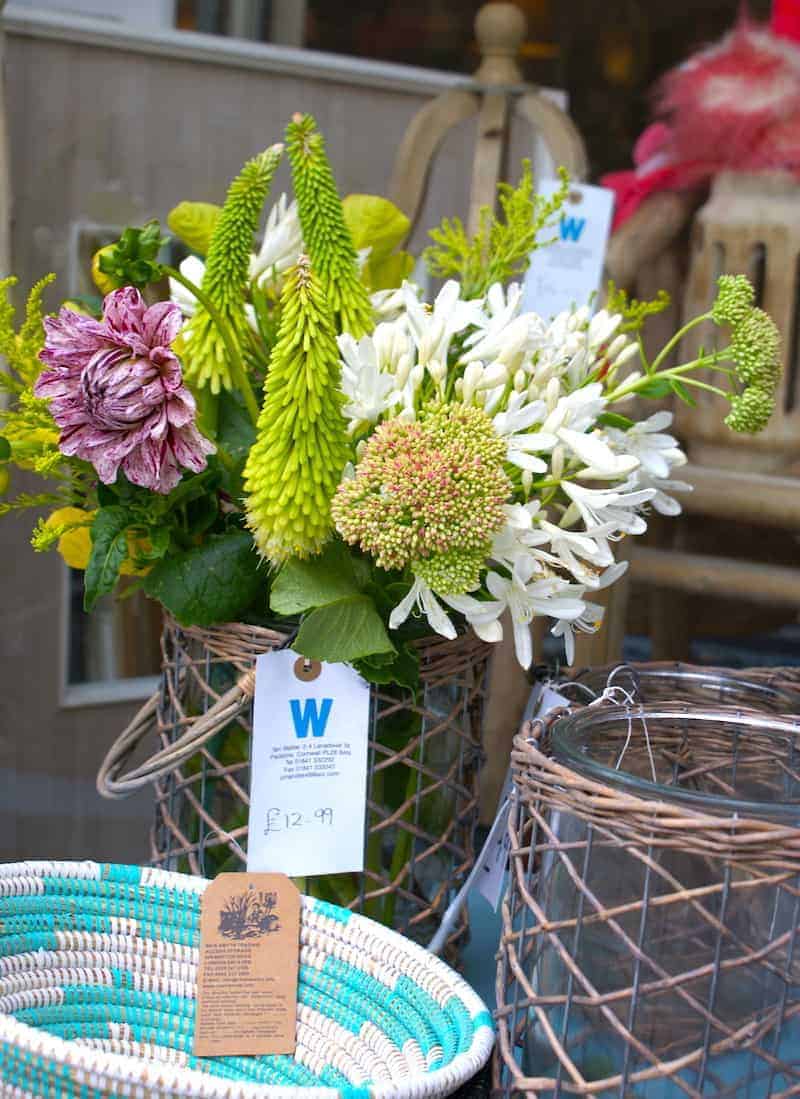 interiors shop padstow with colourful flowers and seaside coastal accessories