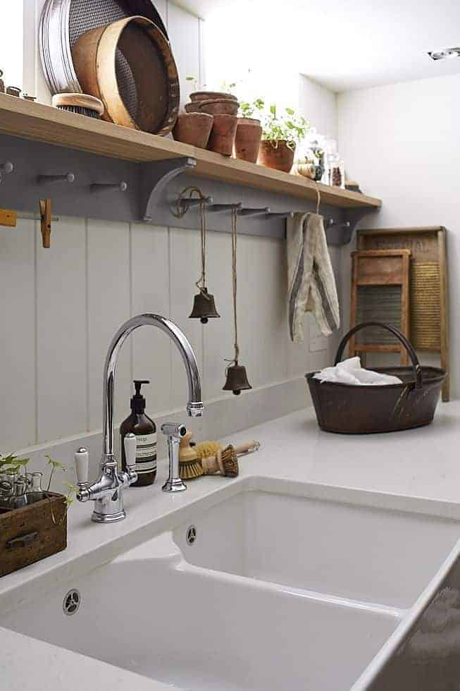 love this modern rustic kitchen white sink open shelves