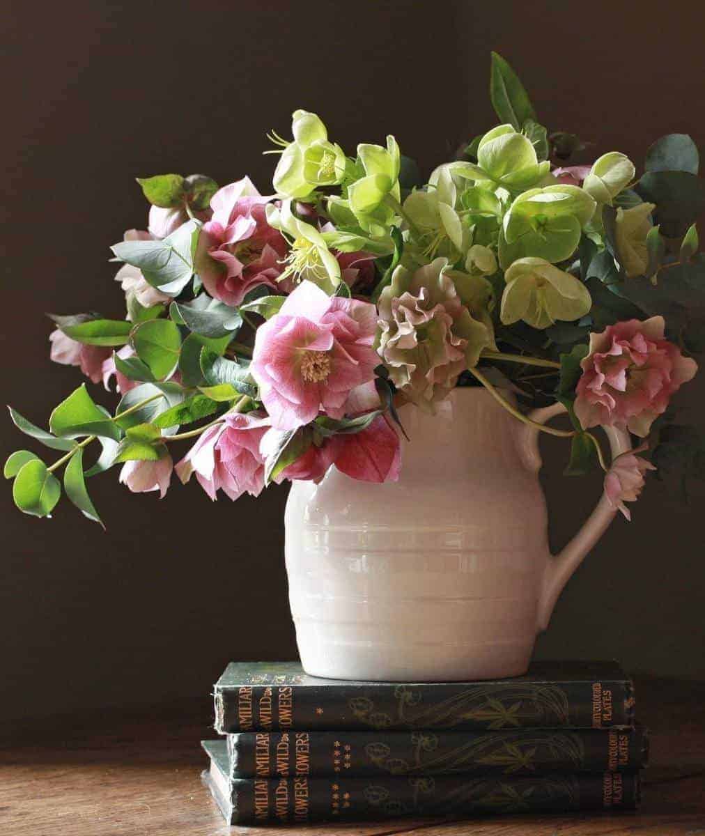 love these blush pink and lime green hellebores in a white creamware jug. by The Real Flower company - scented paperwhite narcissi, yellow rununculus and daffodils with fresh spring green eucaluptus and aromatic fresh mint. Click through for more beautiful spring flower arrangement ideas you'll love 