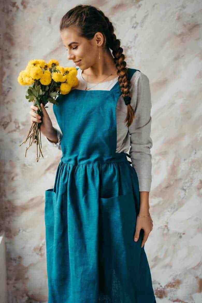 handmade teal linen cross back pinafore japanese apron #artisan #apron #crossback #teal #frombritainwithlove 