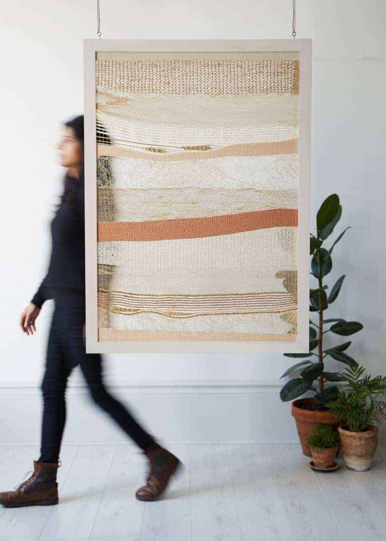 Creative business success depends on great photography and I love this photograph by yeshen venema of textiles artist Rachna Garodia showing her woven artwork wall hanging in a simple, contemporary setting. Click through for 10 essential tips and creative business ideas to help you make a living from doing what you love #creativebusiness #businessadvice #tips #ideas #experthelp #creatives #frombritainwithlove