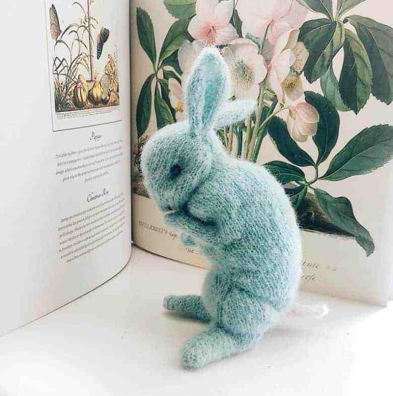 little blue bunny knitting pattern - easy beginner knit with tips and video tutorial by Claire Garland of Dot Pebbles Knits made using Drops alpaca silk yarn