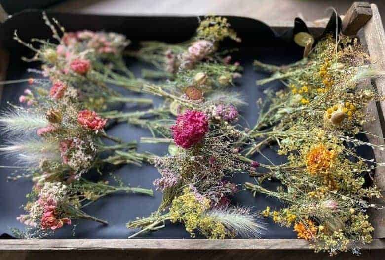 dried flower buttonhole mini bouquet posies seasonal sustainable british flowers by kirsten Mackay of Henthorn Farm Flowers #dried #flowers #british #sustainable