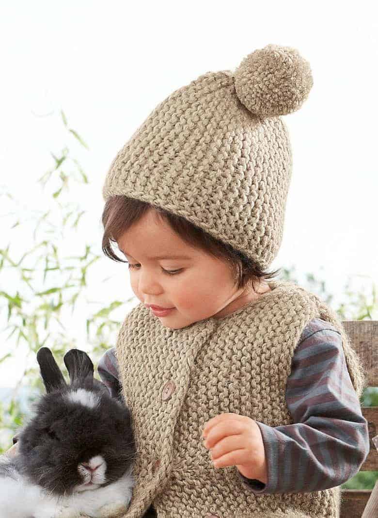 gilet hat garter stich gilet vest and pom pom baby knitting pattern by bergere de france just one of the adorable knitting project ideas I've shared over on the blog that I hope you'll enjoy making for the little ones in your life #knitting #pattern #baby #free