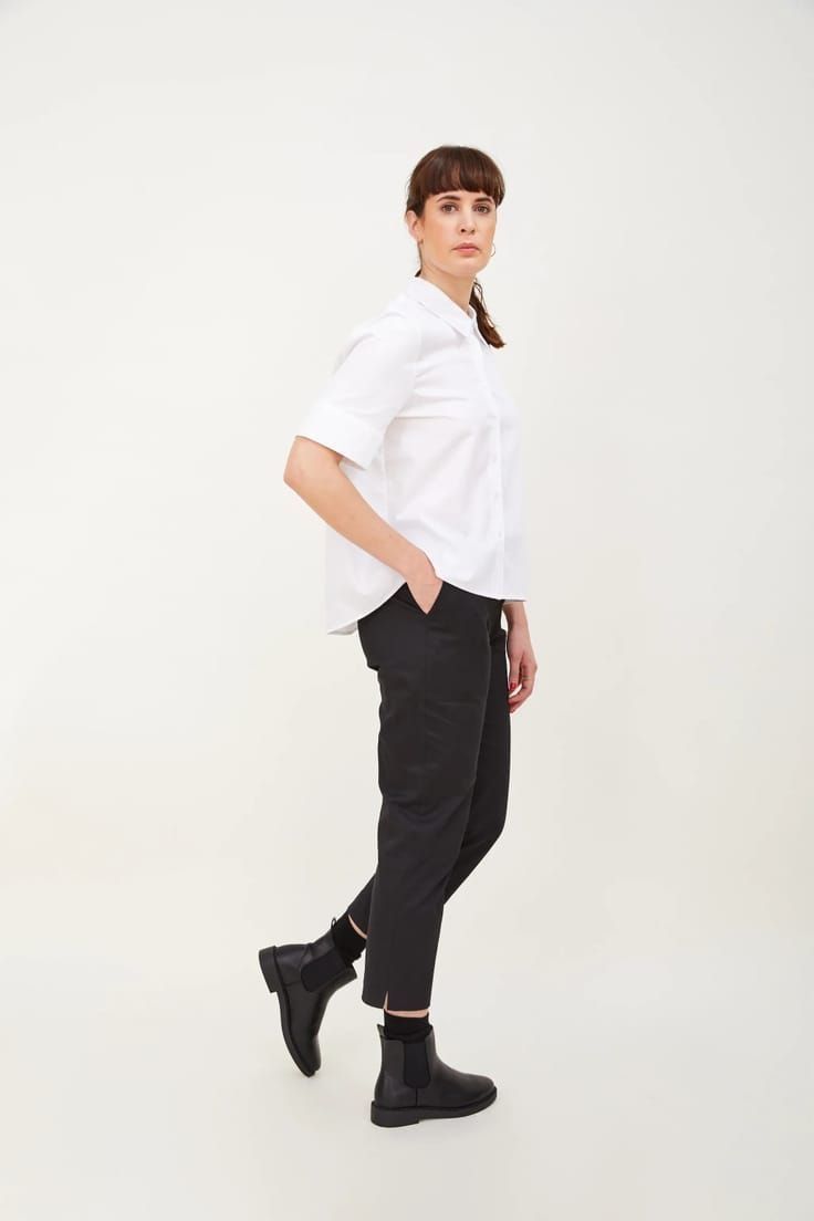 Love these black cigarette ankle grazers trousers made in London and part of sustainable clothing collection by h.huna - a wardrobe of well considered key pieces that all work together perfectly to take you anywhere, in all seasons and that you'll wear for years #black #trousers #anklegrazers #madeinbritain  #sustainable #clothing