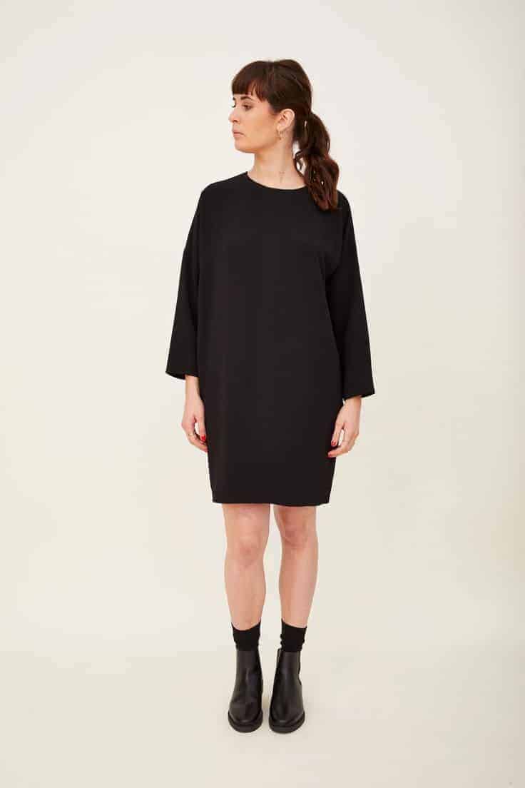 Love this black crepe cocoon loose fitting dress part of sustainable clothing collection by h.huna - a wardrobe of well considered key pieces that all work together perfectly to take you anywhere, in all seasons and that you'll wear for years #black #crepe #cocoon #dress  #madeinbritain #sustainable #clothing