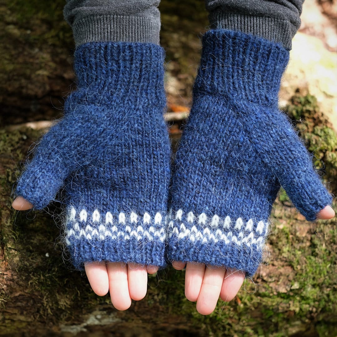 blue icelandic fingerless gloves knitting pattern by tania barley - easy to knit and free to download