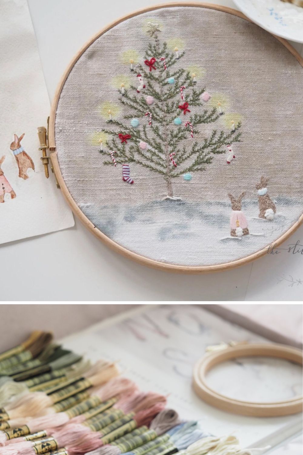 christmas embroidery kit with vintage linen tree bunny rabbit inspired by beatrix potter
