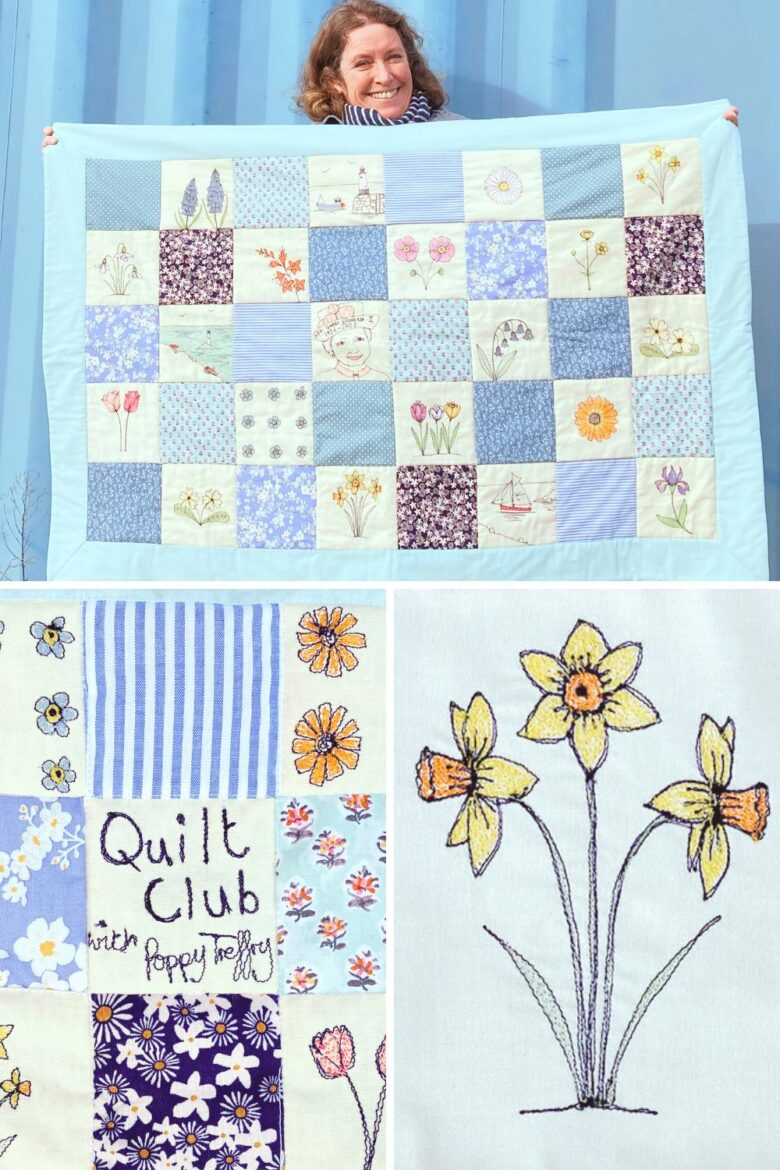 embroidery tutorial ideas with poppy treffry - learn how to do machine freehand embroidery and how to make this beautiful embroidered Spring patchwork quilt. Poppy shares her simple diy step by steps to trying your hand at freehand embroidery - like drawing with your sewing machine!
