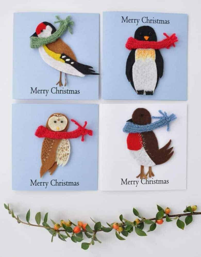 felt collage birds handmade christmas cards penguin, robin, goldfinch and owl in knitted scarves and embroidery details #handmade #christmas #cards #birds #robin #penguin