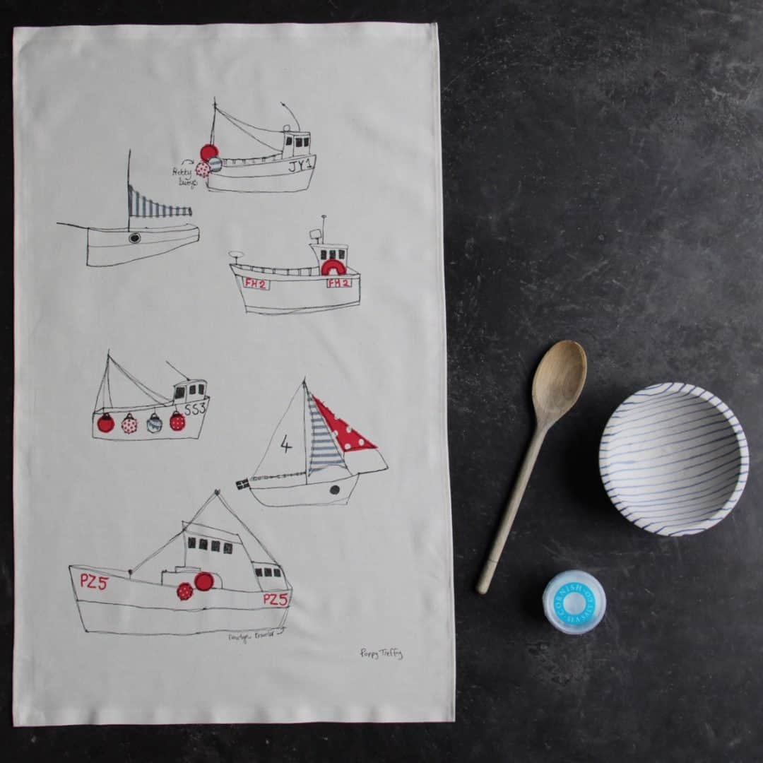 love this boats tea towel on grey kitchen marble worktop made by poppy treffry in cornwall