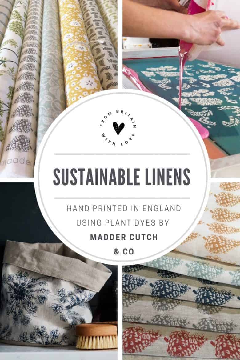 love these sustainable printed linens by Madder Cutch and Co hand printed using eco friendly vegetable dyes and 100% pure linen. Click through to see the whole collection of fabrics as well as the beautiful online shop of linen accessories including lampshades, cushions, aprons, soft toys, storage buckets, covered notebooks, patchwork fabric kits and more #sustainable #linen #ecofriendly #fabrics #handprinted #madeinbritain #frombritainwithlove