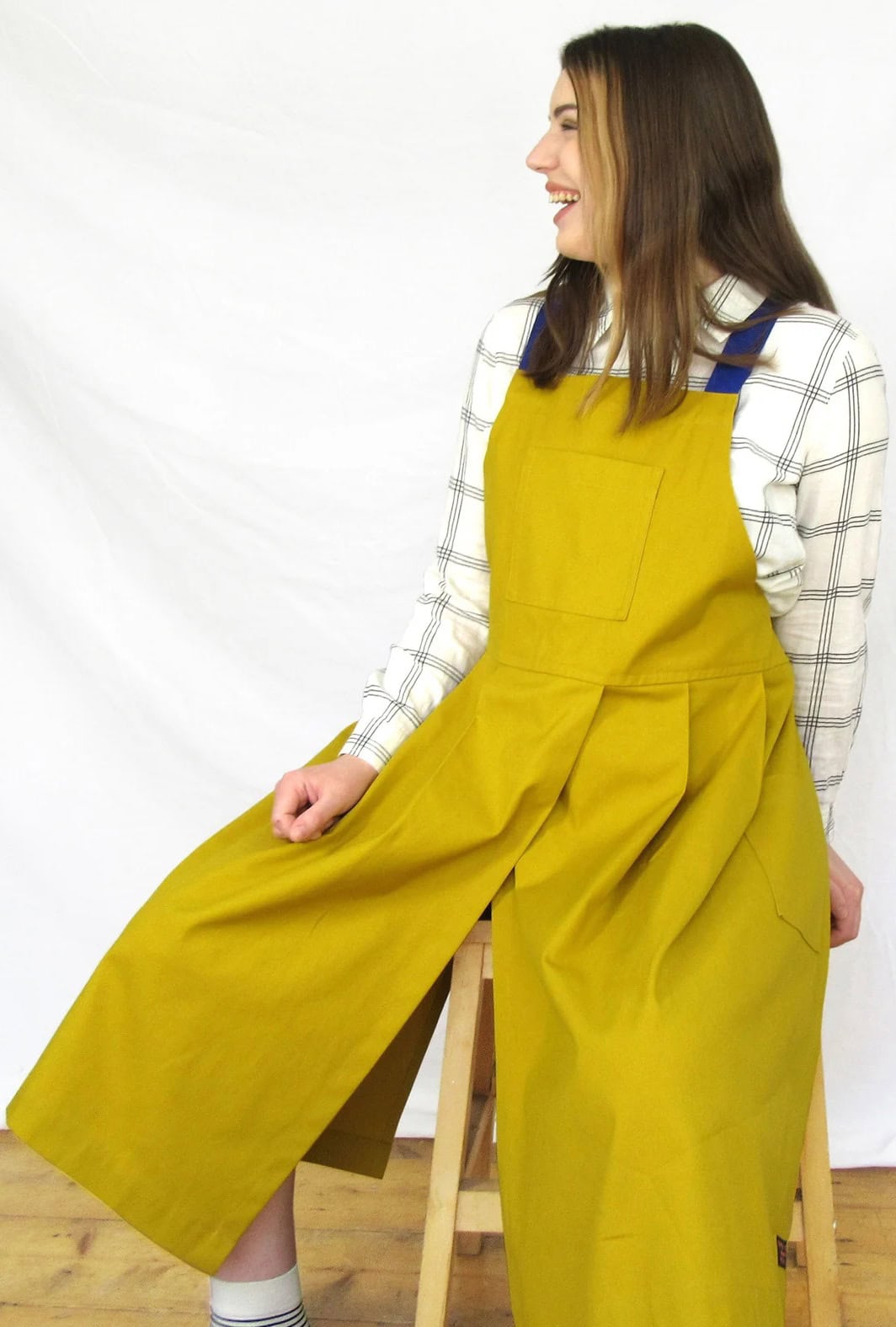 mustard pottery apron handmade in England by in the making aprons