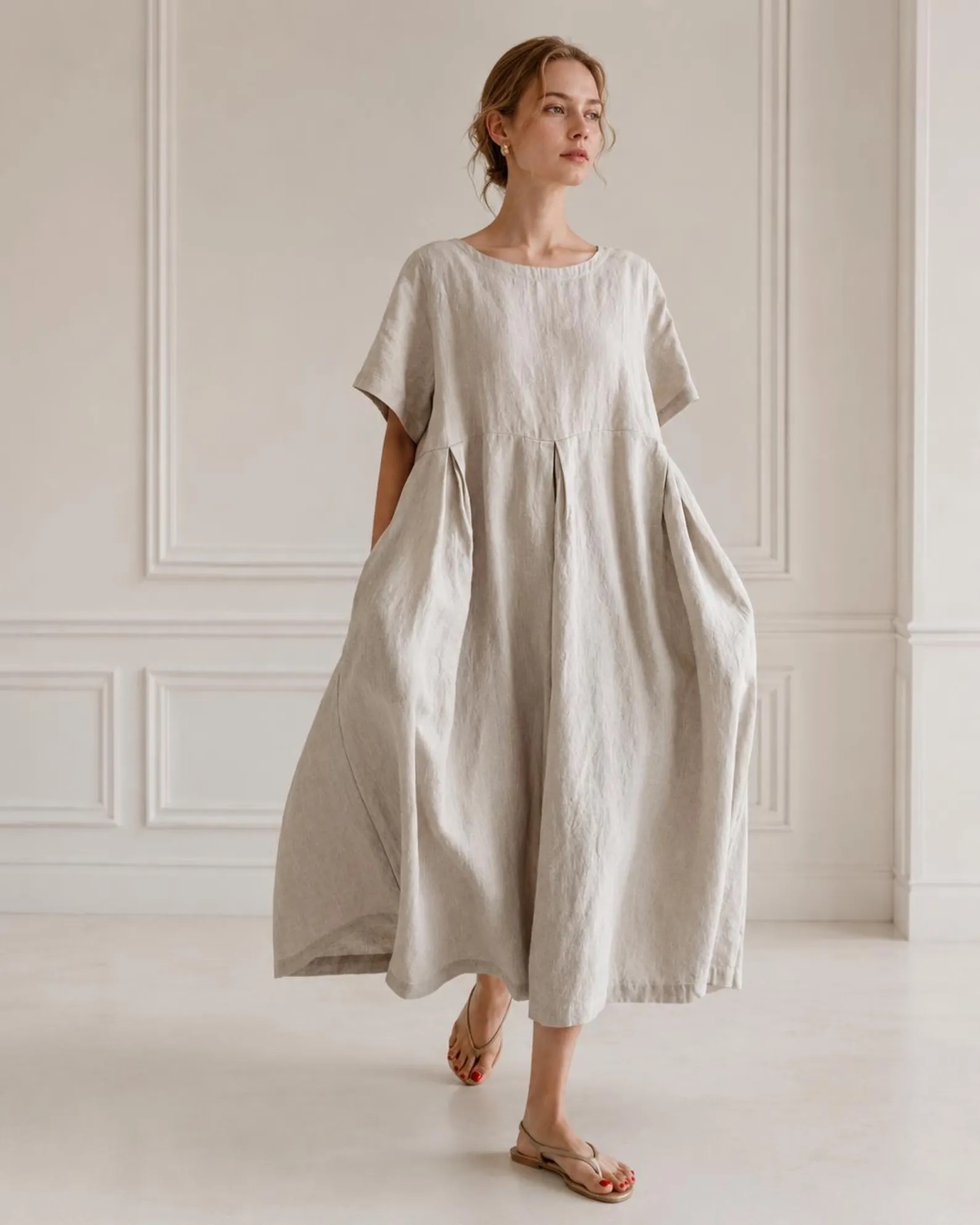 Beige linen/cotton box pleat loose dress by Nace Linen Life