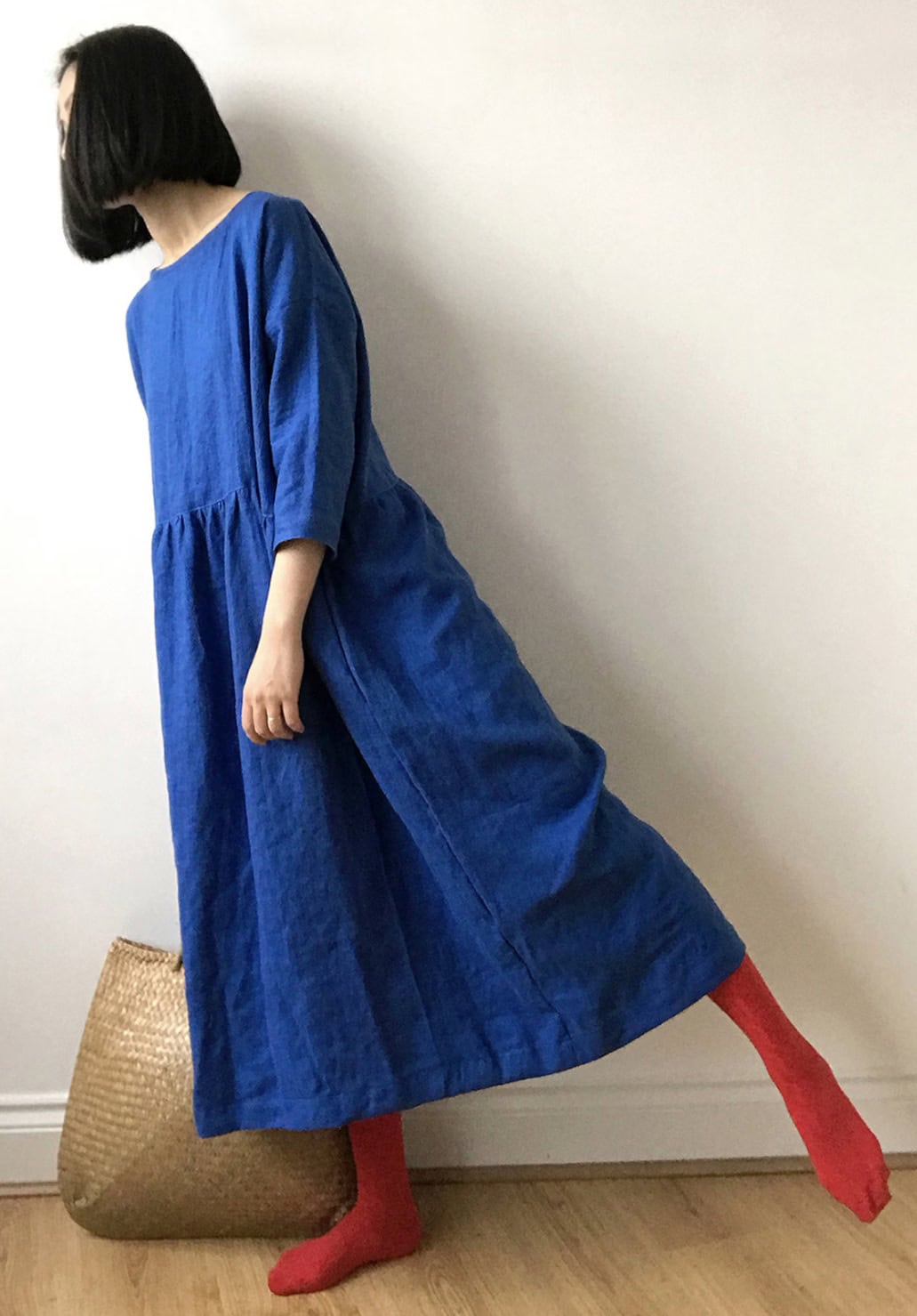 French blue linen dress made in England by Yayi and Pony