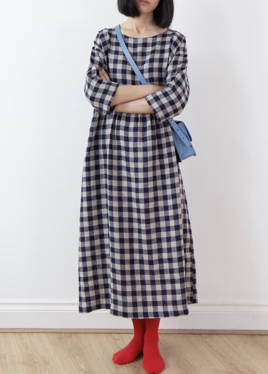 Gingham linen dress with long sleeves made in England by Yayi and Pony