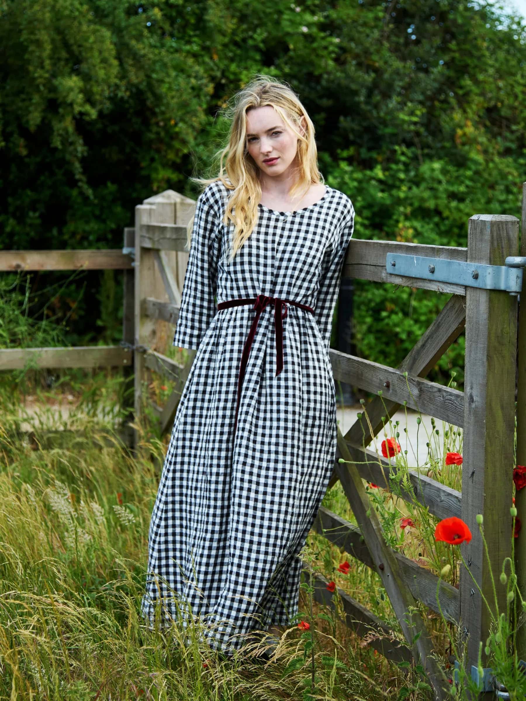 Irish linen Lavenham gingham long sleeved dress made in England by Justine Tabak