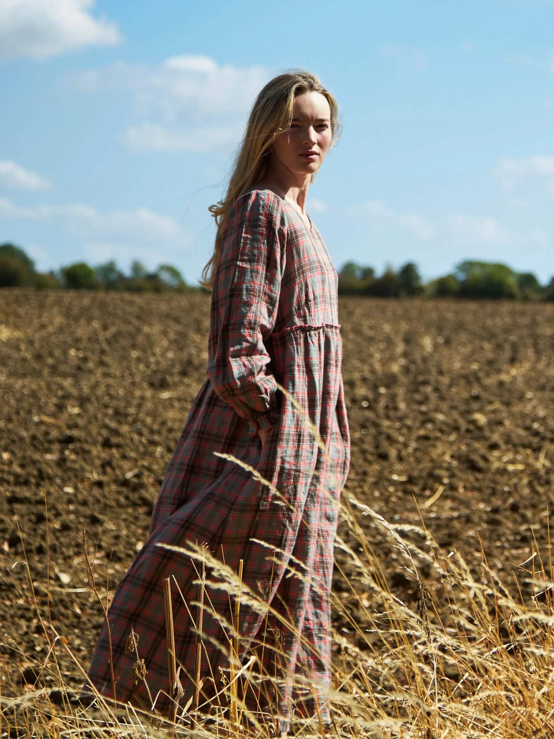 Stepney long sleeve dress in Irish Leinster linen check by Justine Tabak