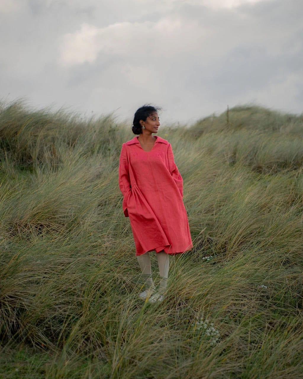 Fun dress in ethically sourced coral linen made in England by Lemuel MC