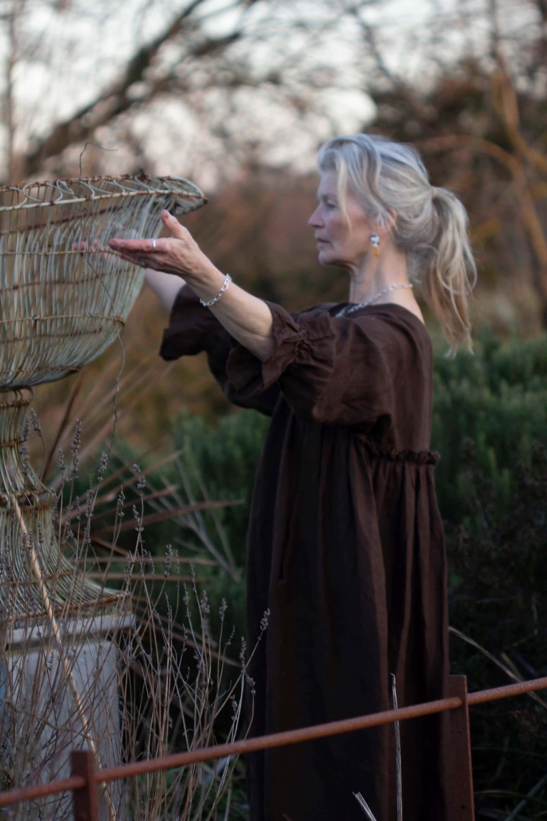 Raph-e-lite dark brown ruffle long sleeve linen dress made in london by lemuel mc