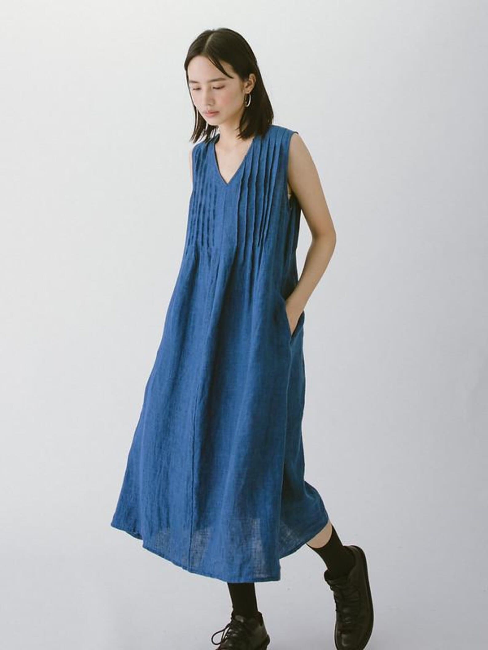 Sleeveless pintuck indigo blue linen dress by Raw Eco Project