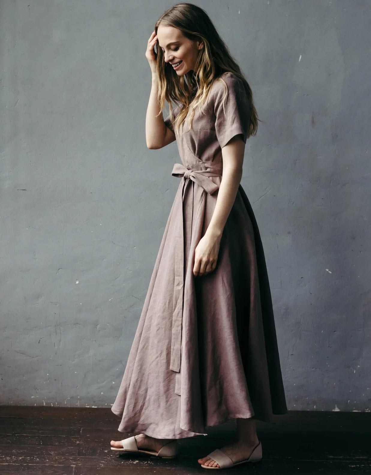Wraparound tie waist short sleeved custom-made linen dress by Prancing Hare