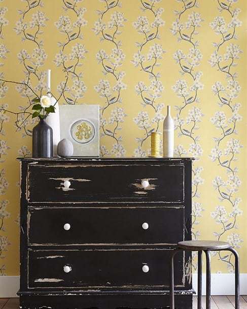 love this buttercup yellow song birds wallpaper by vanessa arbuthnott. Perfect wallpaper for a pretty bedroom or feature wall. Click through for more wallpaper ideas you'll love for rustic country cottage and more