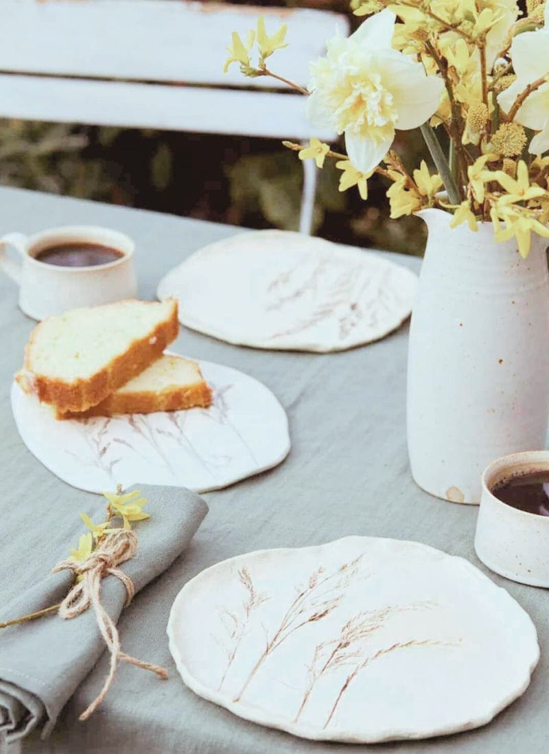 meadow grass print ceramics by julie reilly for these to hands - handcrafted in England with the imprint of wild grasses with ruffled edges and glazed with a cream-white and oxides to highlight the pattern in stoneware clay