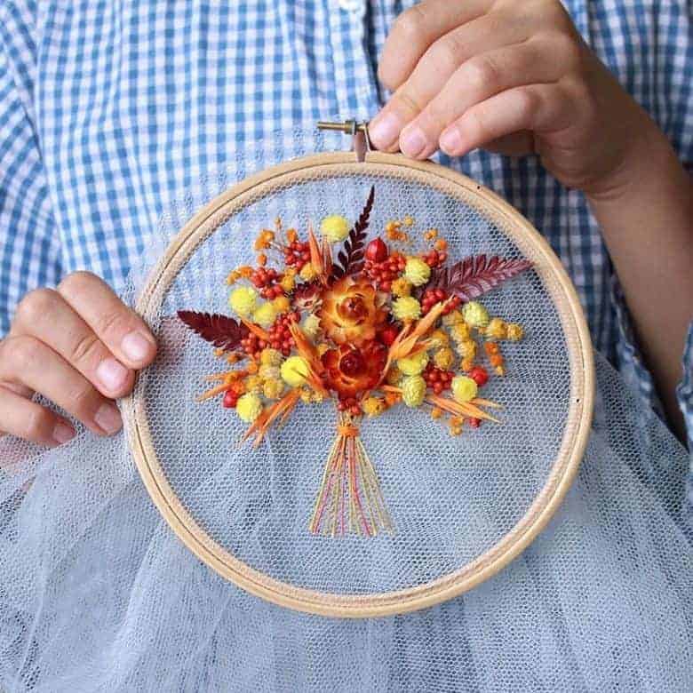 dried flower embroidery olga prinku autumn colours on tulle hoop art #embroidery #flower #driedflowers #hoop art