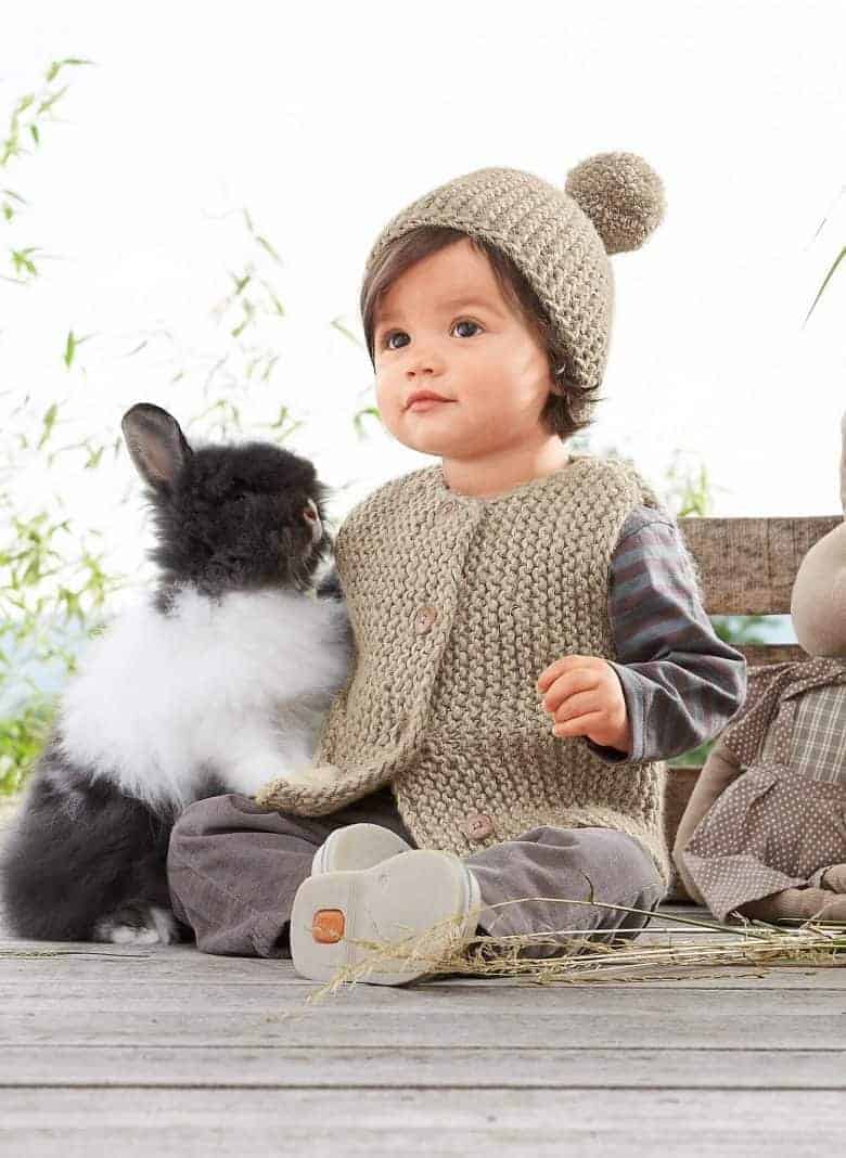 gilet hat garter stich gilet vest and pom pom baby knitting pattern by bergere de france just one of the adorable knitting project ideas I've shared over on the blog that I hope you'll enjoy making for the little ones in your life #knitting #pattern #baby #free