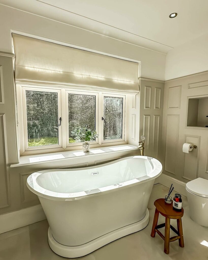 skimming stone farrow and ball paint a soft creamy stone beige with grey undertones and a classic neutral shade bathroon walls and woodwork panelling