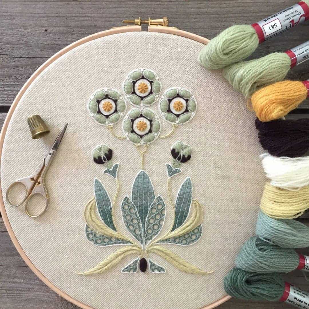 crewel embroidery kit auricula flowers available to buy as a DIY kit from Etsy just one of the beautiful ideas I've shared with links to everything you need to enjoy crewel embroidery #crewel #embroidery #diy #kits #auricula