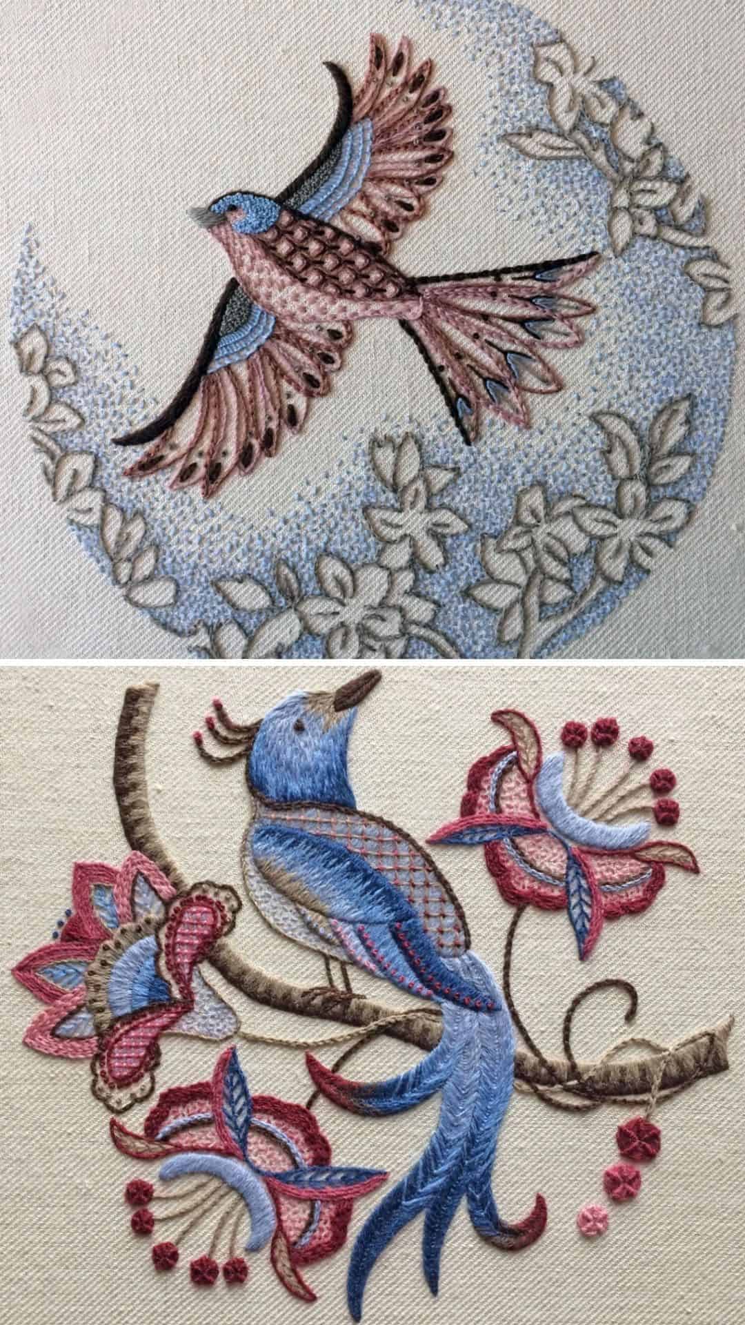 Bluebird embroidery co crewel work kits including a beautiful bird of paradise and chaffinch available to buy along with other beautiful crewel work patterns and kits I've shared on the blog #crewel #embroidery #pattern #bluebird #birdofparadise #chaffinch