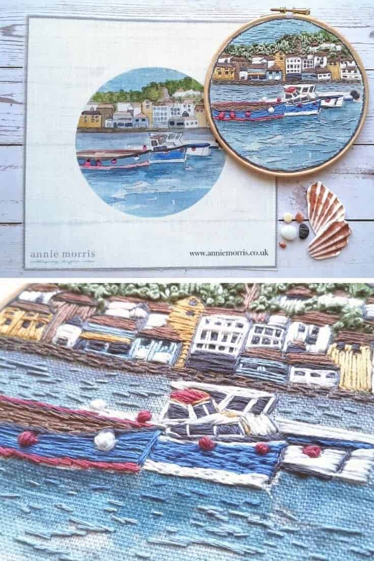 crewel embroidery kit coastal boats design on antique linen available to buy as a DIY kit from Etsy just one of the beautiful ideas I've shared with links to everything you need to enjoy crewel embroidery #crewel #embroidery #diy #kits #coastal #boats