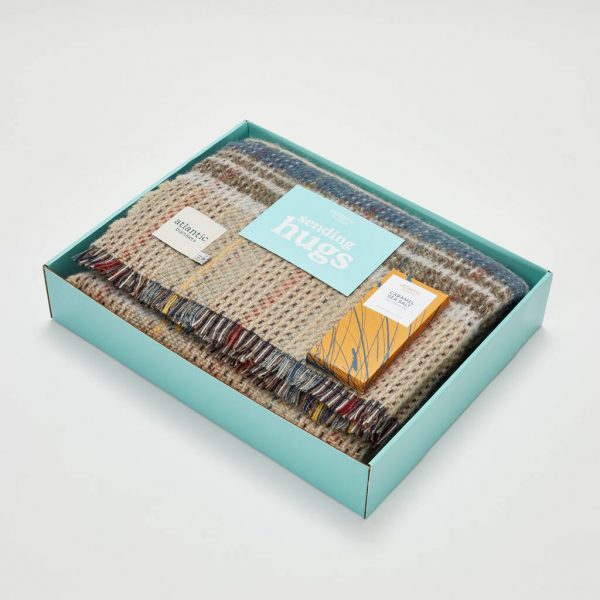 atlantic blankets hug gift set recycled wool welsh blanket and cornish caramel sea salt chocolate bar gift wrapped in beautiful turquoise gift box