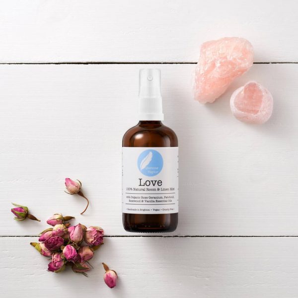 corinne taylor love mist aromatherapy room spray pillow mist with organic rose geranium patchouli rosewood and vanilla essential oils all natural aromatherapy vegan handmade and ethically made in Brighton