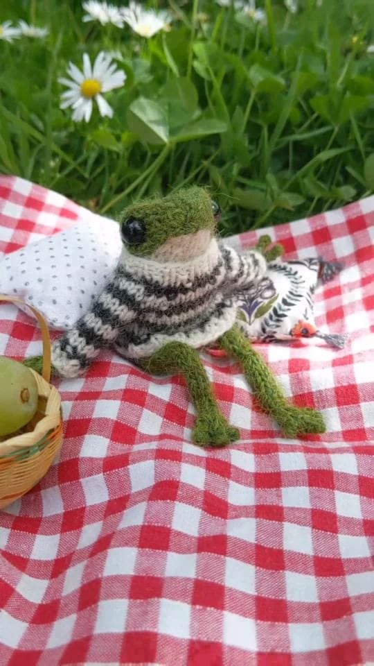 cute froggy the frog knitting pattern by claire garland aka dot pebbles knits made and filmed by India Rose Crawford. Click through to get the printable PDF pattern from Etsy and also to watch India's totally adorable little films of froggy going about his tiny froggy life. You're sure to fall in love with him!