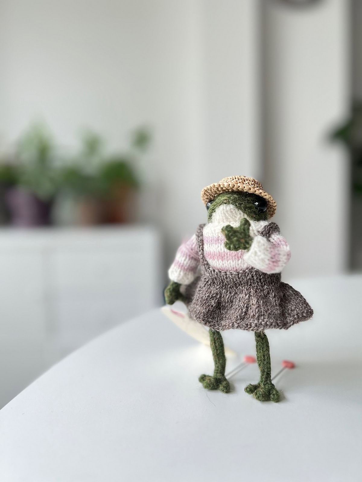 cute frog toy knitting pattern by claire garland aka dot pebbles knits with dress made from pattern by Zinc