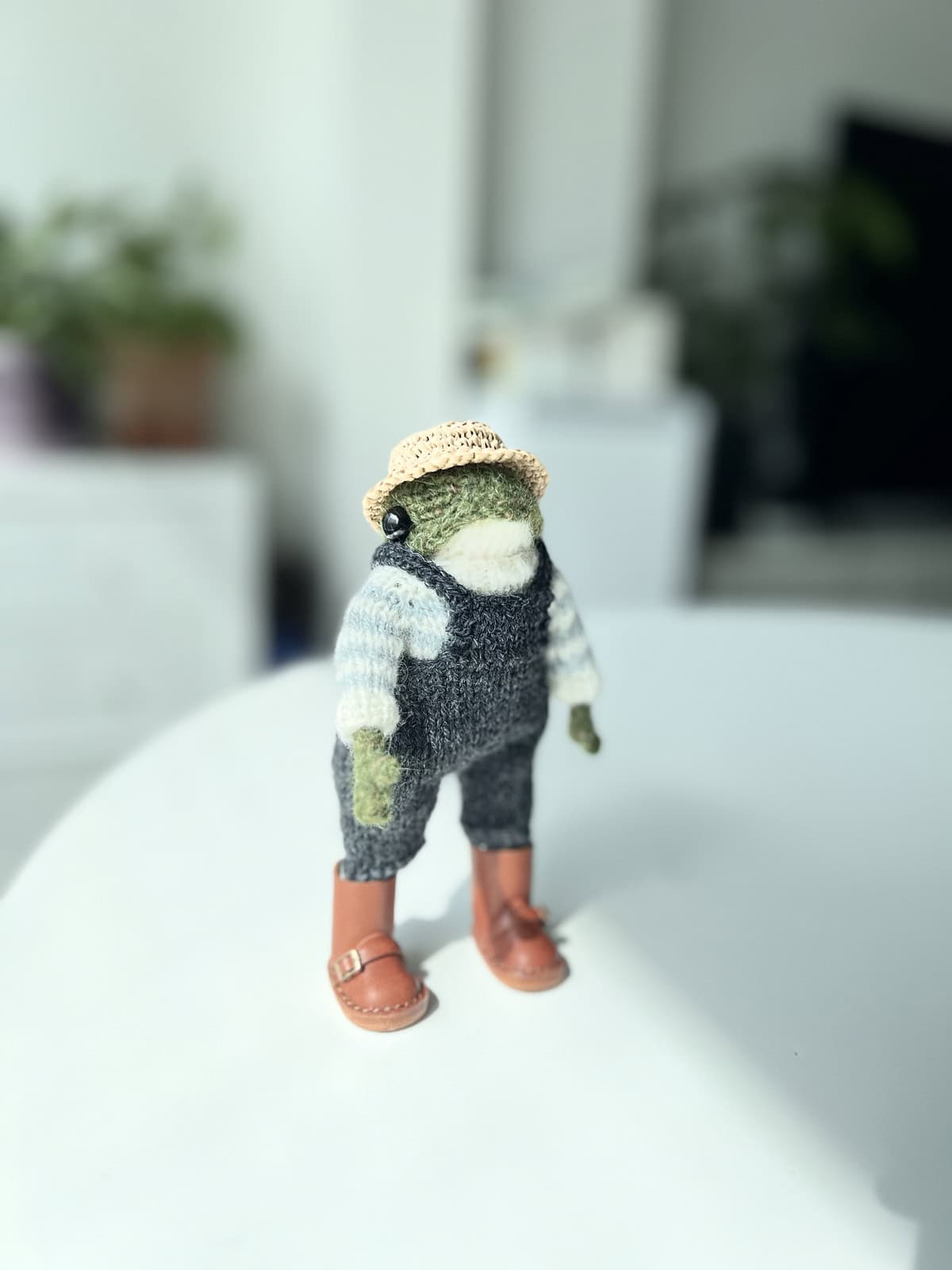 cute frog toy knitting pattern by claire garland aka dot pebbles knits with overalls made from pattern by Zinc