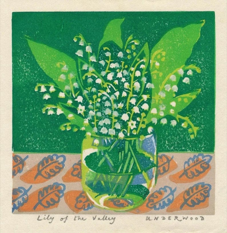 lily of the valley woodblock print by matt underwood on japanese paper with guache