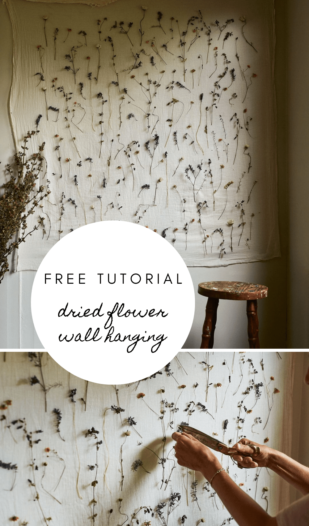 dried flower wall hanging free tutorial DIY project by Bex Partridge of Botanical Tales who shares her step by steps to creating a natural linen wall hanging with sustainable dried flowers